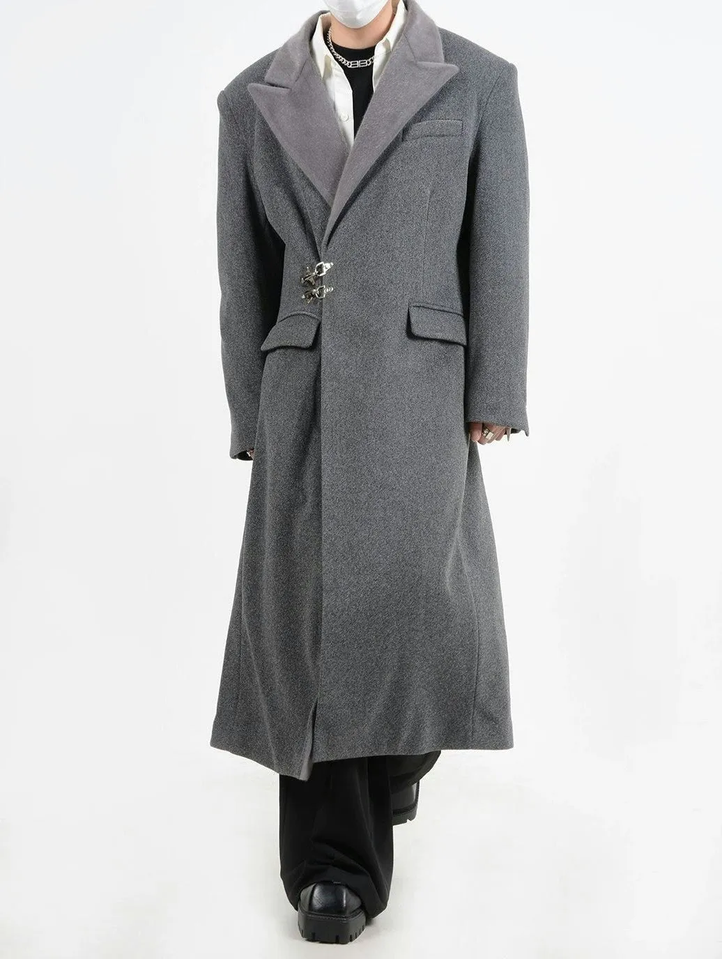 Oversized Velvet-Lapel Long Coat with Metal Buckles