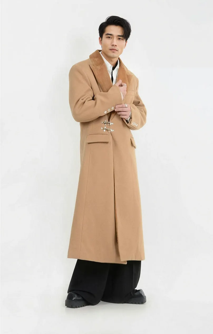 Oversized Velvet-Lapel Long Coat with Metal Buckles