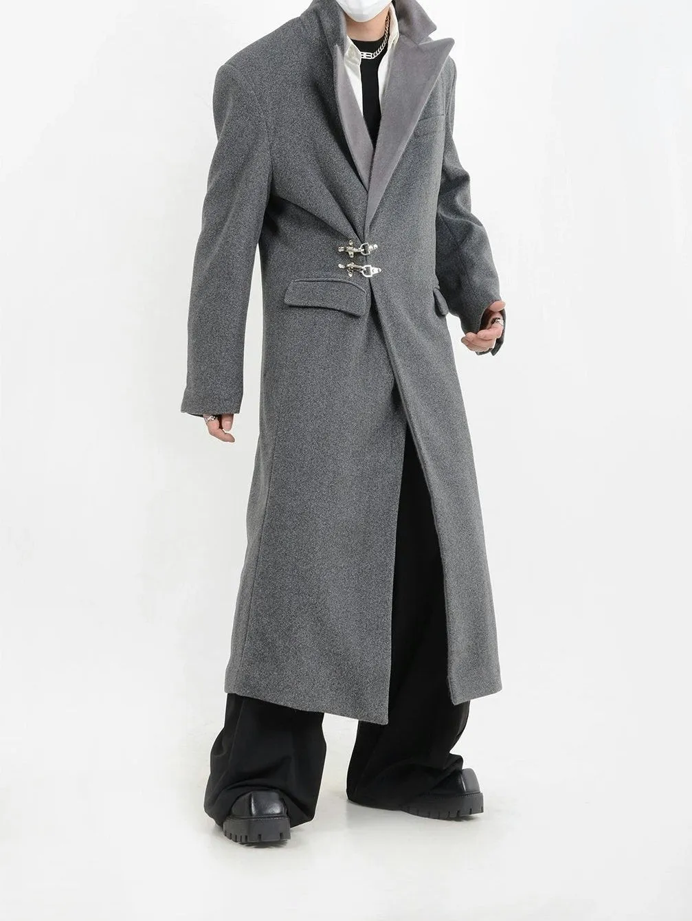 Oversized Velvet-Lapel Long Coat with Metal Buckles
