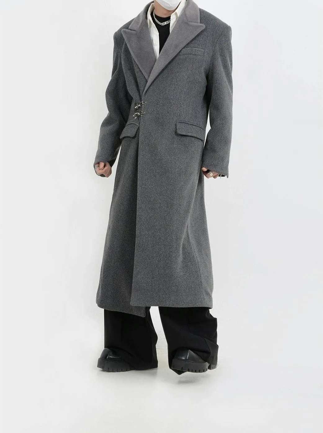 Oversized Velvet-Lapel Long Coat with Metal Buckles