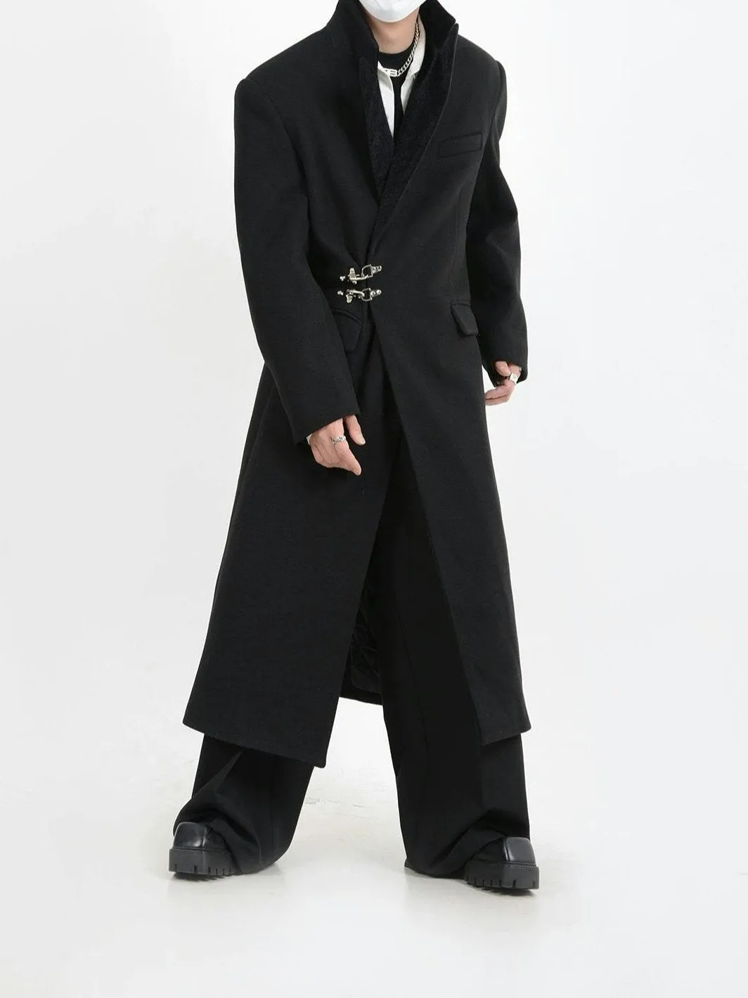 Oversized Velvet-Lapel Long Coat with Metal Buckles