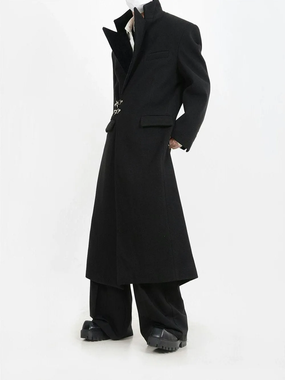 Oversized Velvet-Lapel Long Coat with Metal Buckles