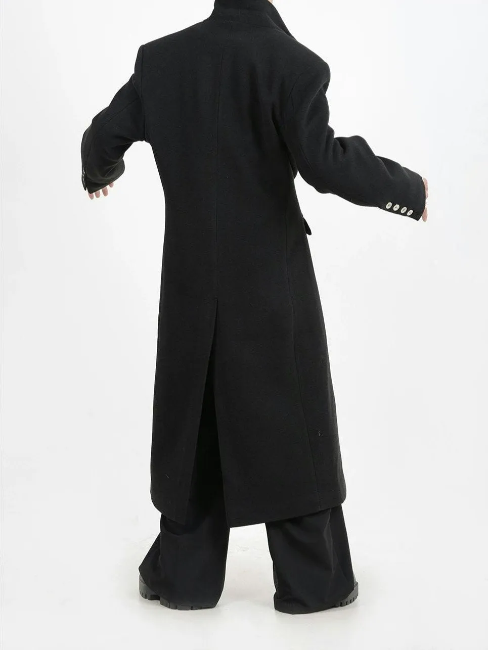 Oversized Velvet-Lapel Long Coat with Metal Buckles