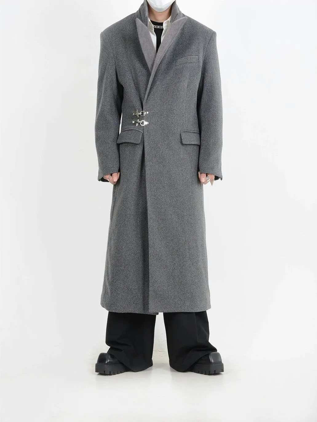 Oversized Velvet-Lapel Long Coat with Metal Buckles