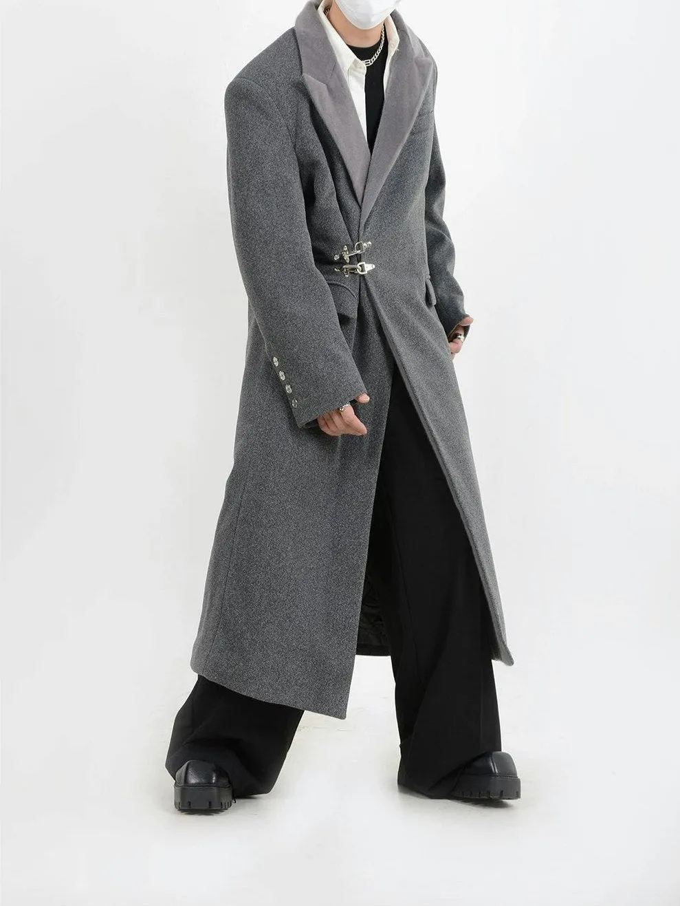 Oversized Velvet-Lapel Long Coat with Metal Buckles