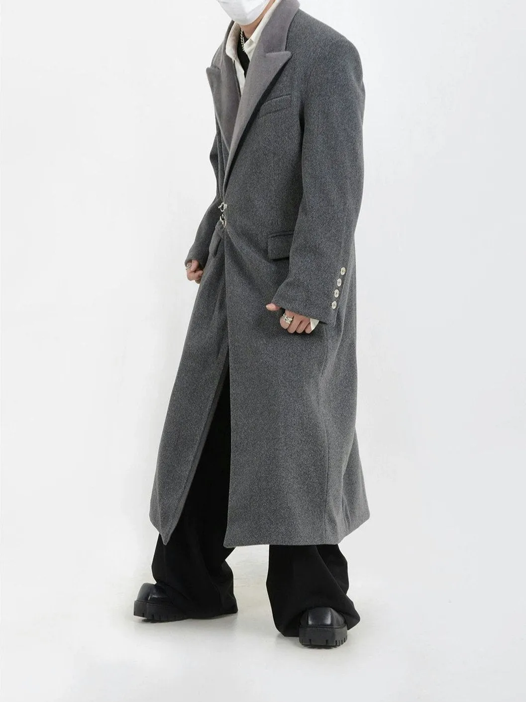 Oversized Velvet-Lapel Long Coat with Metal Buckles