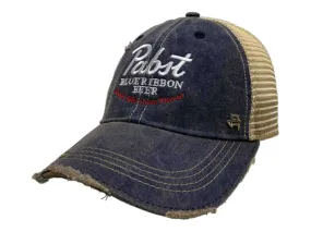 PBR Pabst Blue Ribbon Beer "Good Old-time Flavor" Distressed Mesh Adj Hat Cap