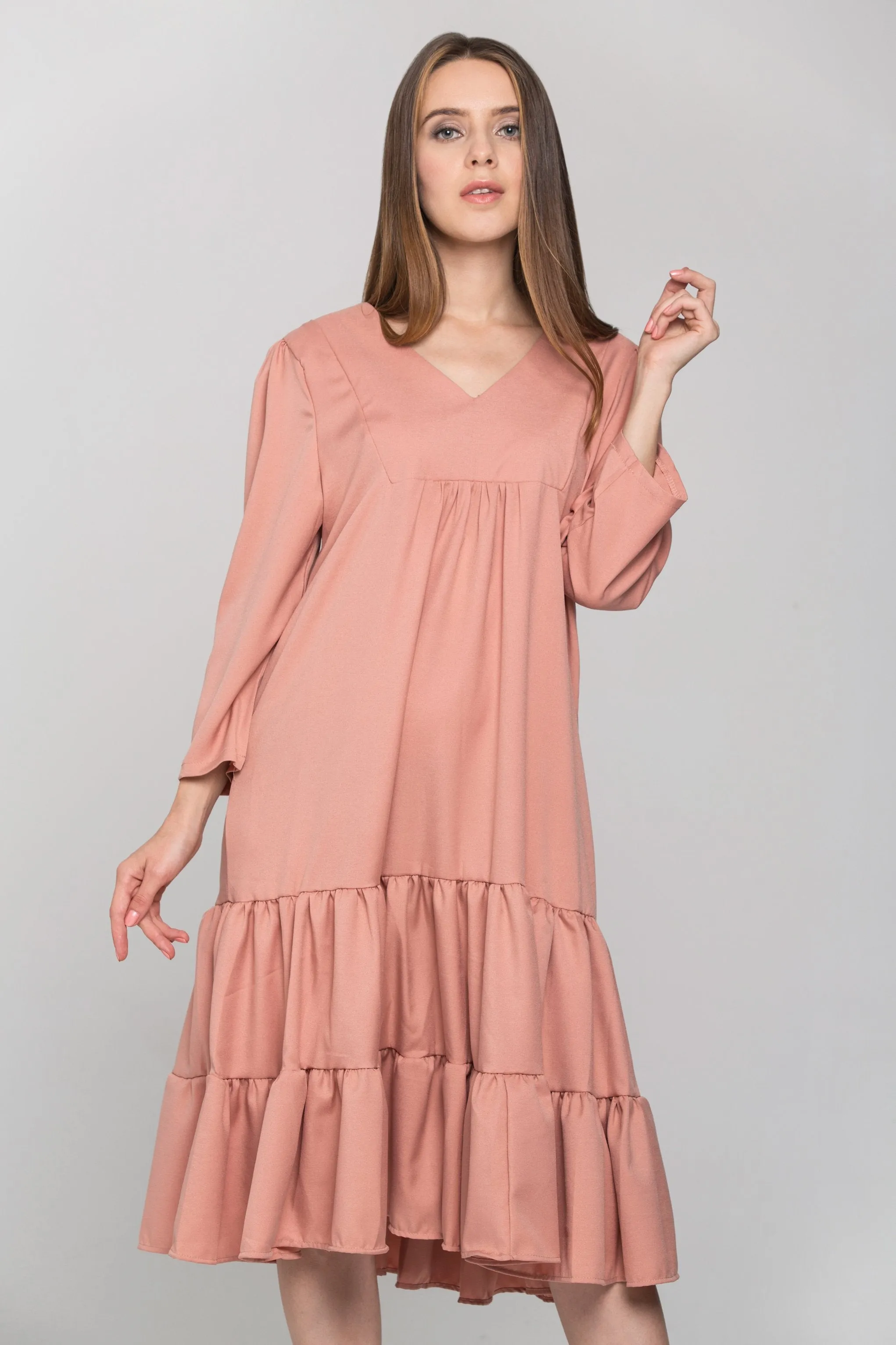 Pecan Flounced Panel Midi Dress