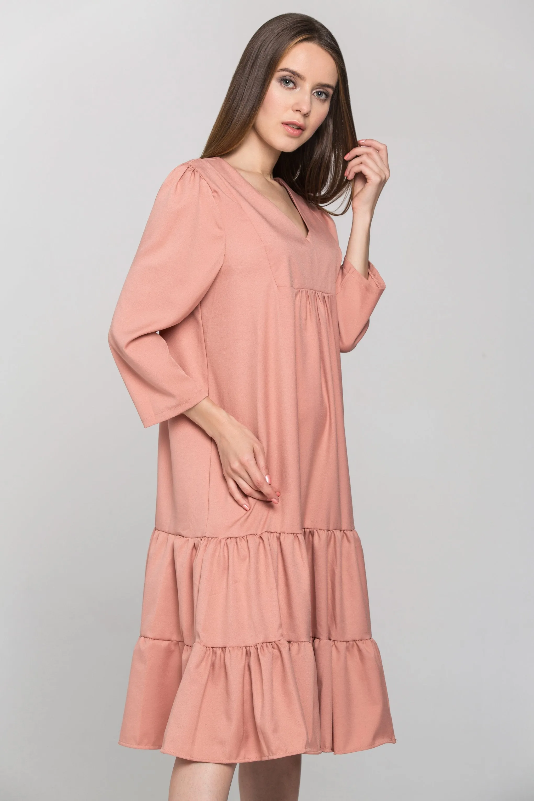 Pecan Flounced Panel Midi Dress