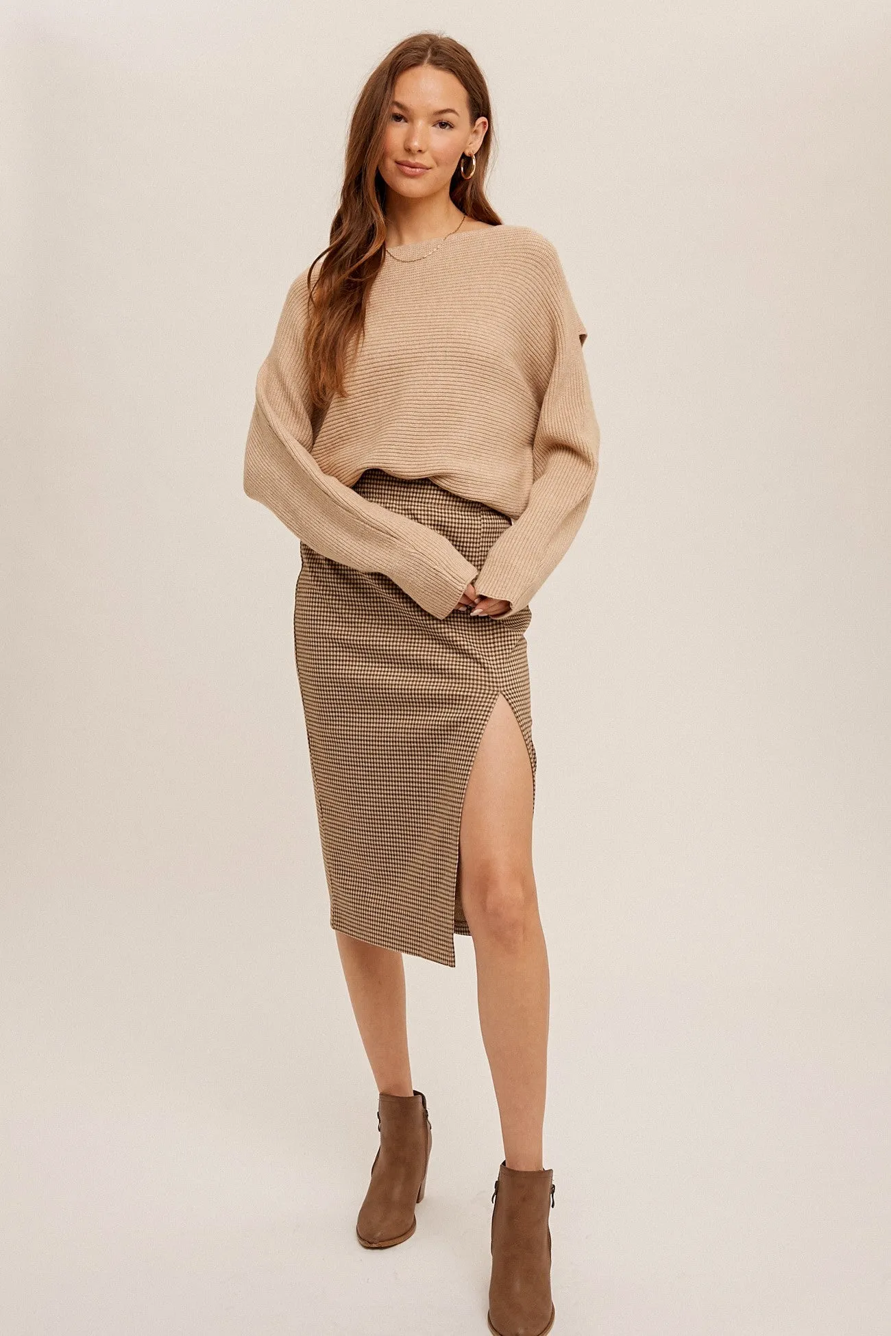 Plaid Slit Midi Skirt