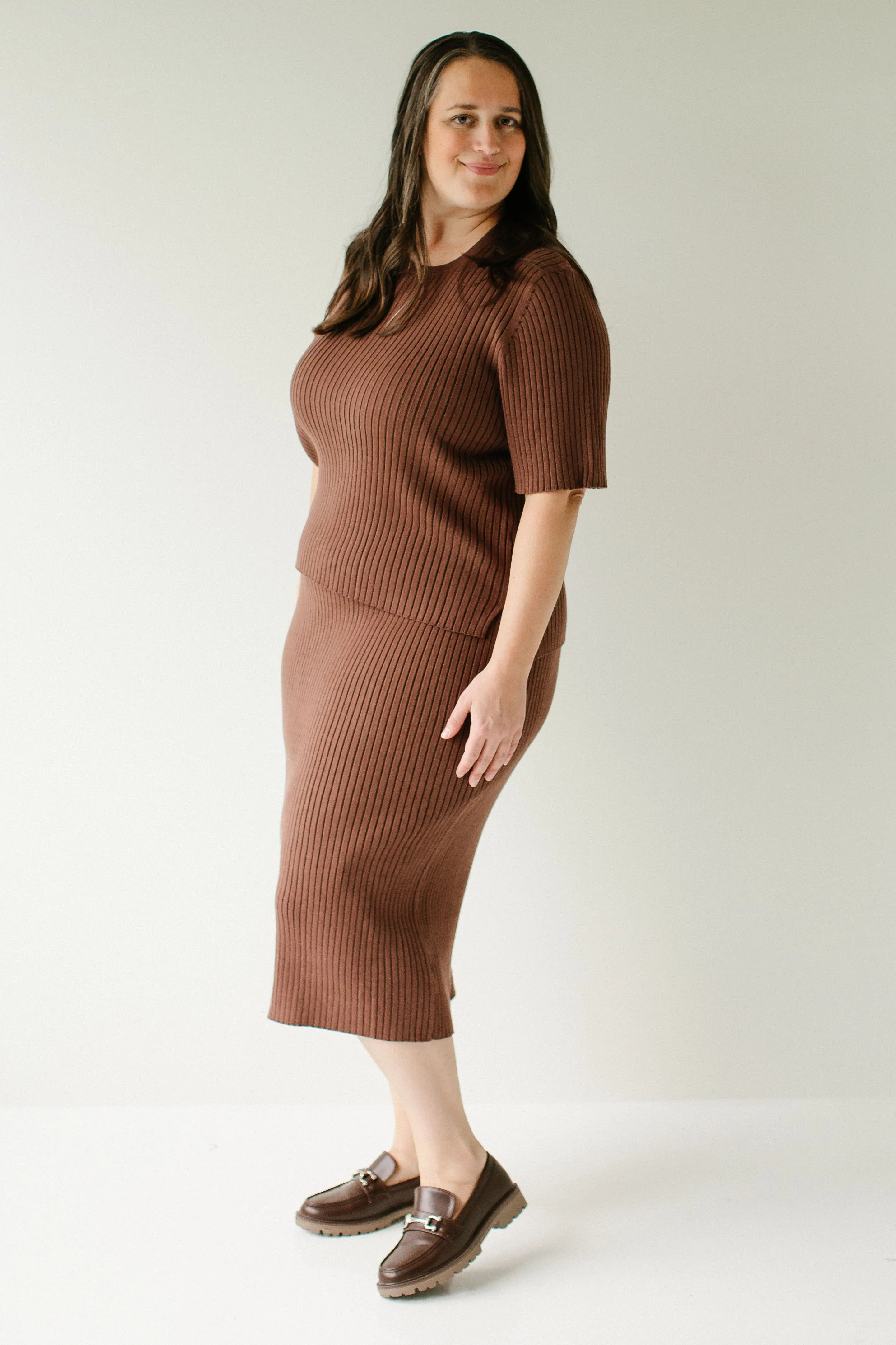 Plus 'Delaney' Ribbed Midi Sweater Skirt in Brown