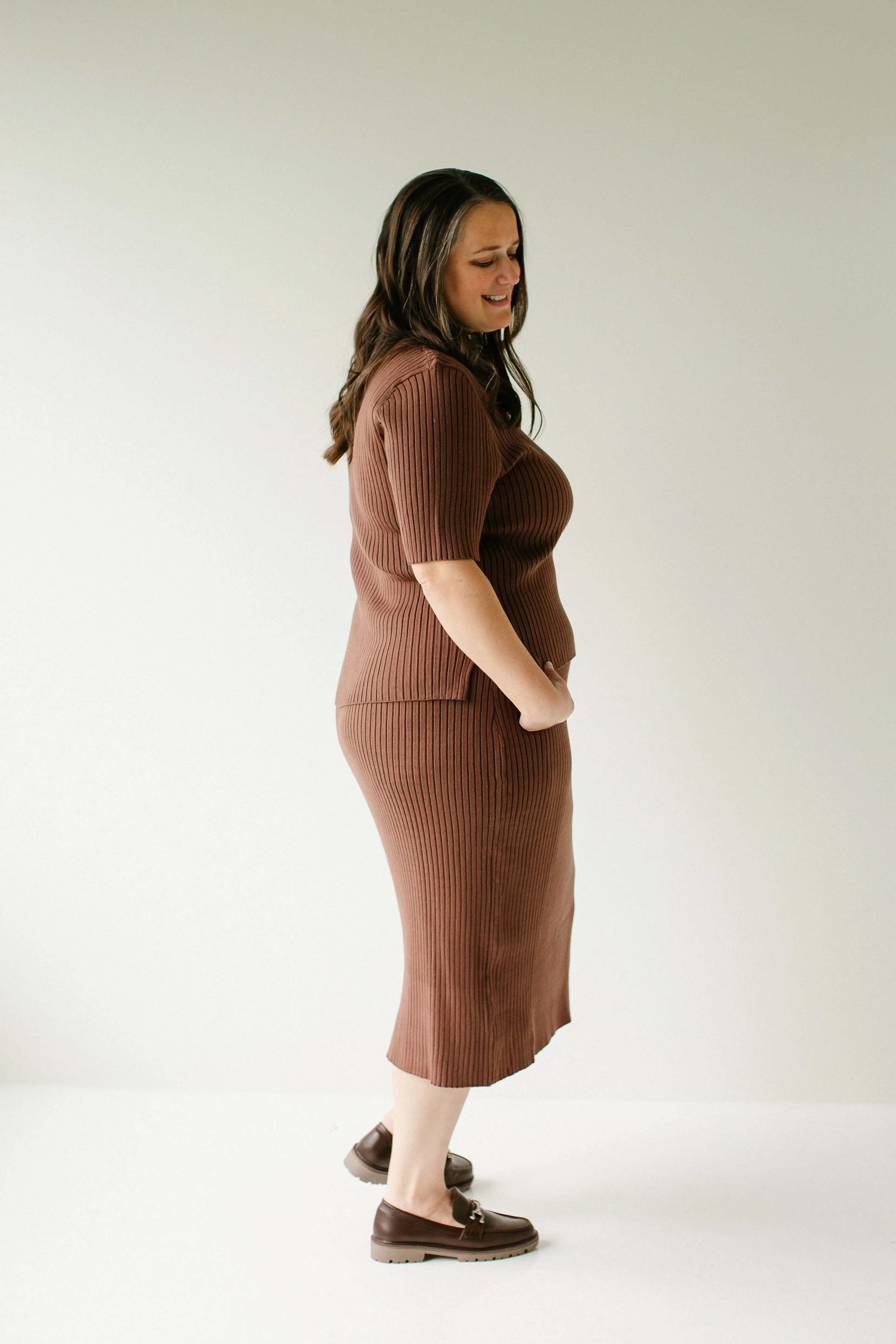 Plus 'Delaney' Ribbed Midi Sweater Skirt in Brown