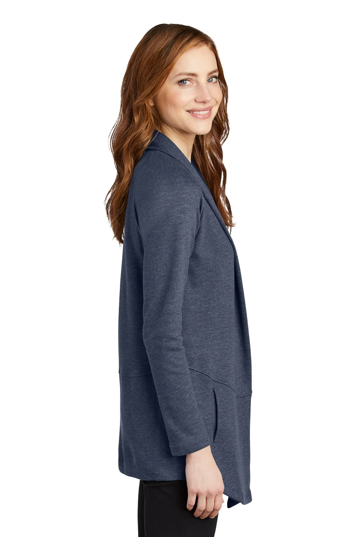 Port Authority Ladies Interlock Customized Cardigans, Estate Blue Heather/ Charcoal Heather