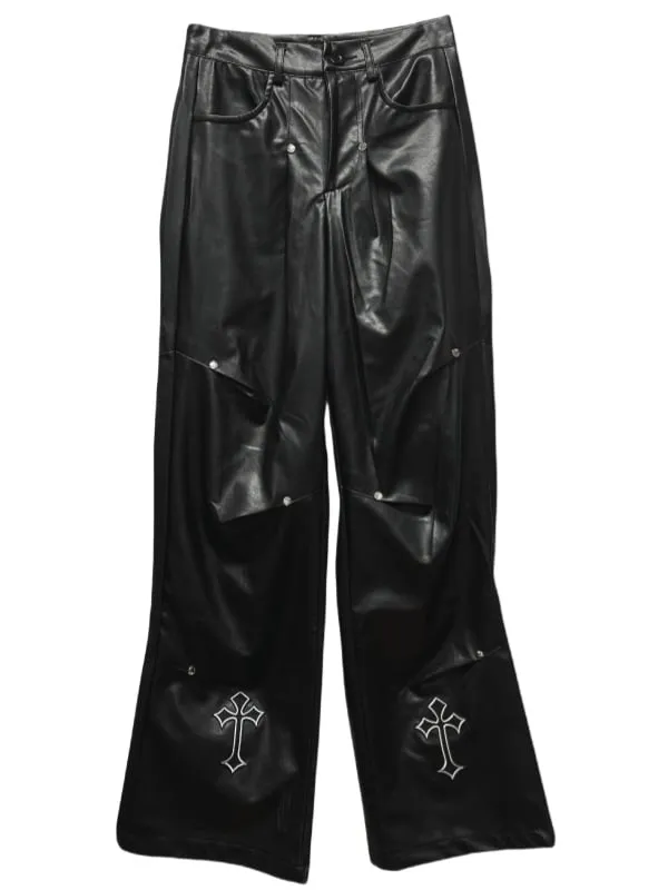 Punk Rock Black Cross Appliques Studs Cargo Pants with Belt