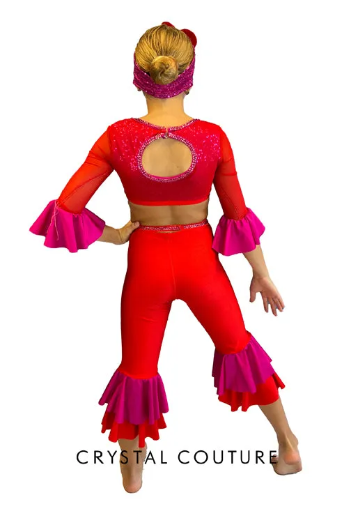 Red and Pink Disco Style Two Piece - Rhinestones