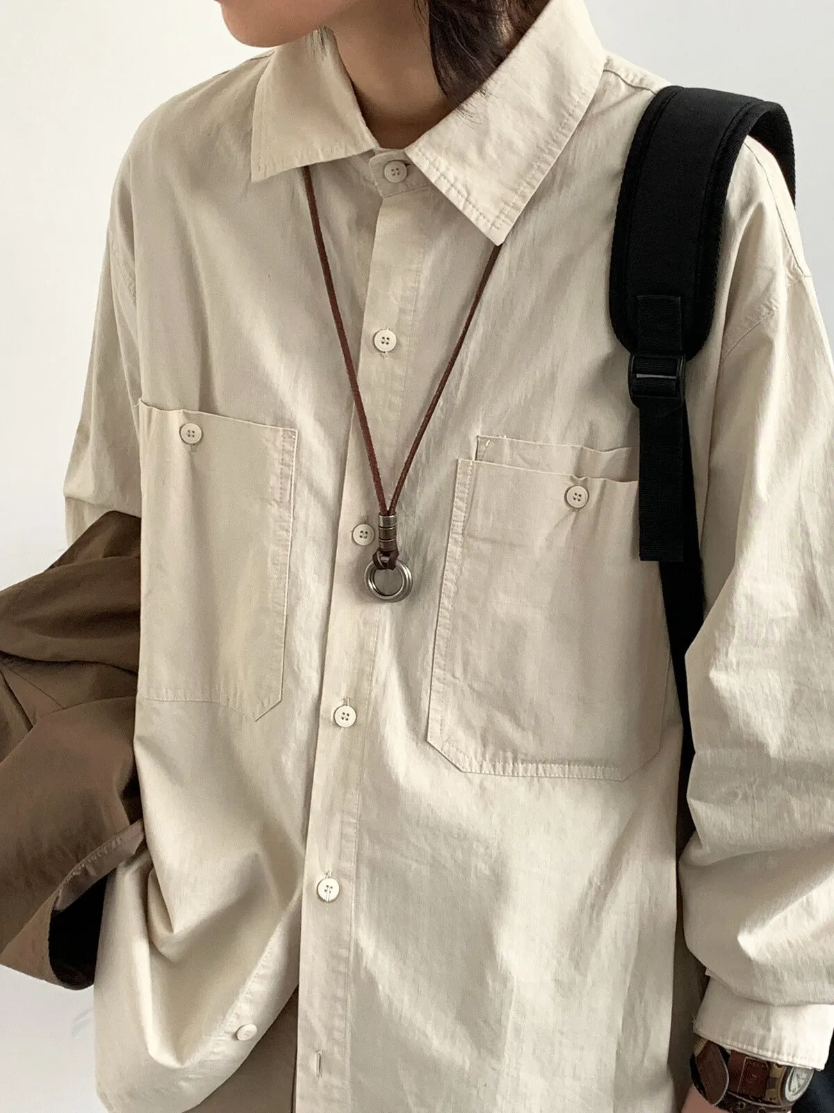 Retro Long Sleeve Solid Color Shirt