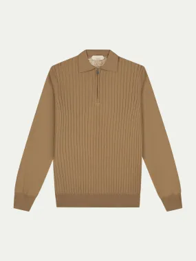 Ribbed Zipper Polo Dark Beige