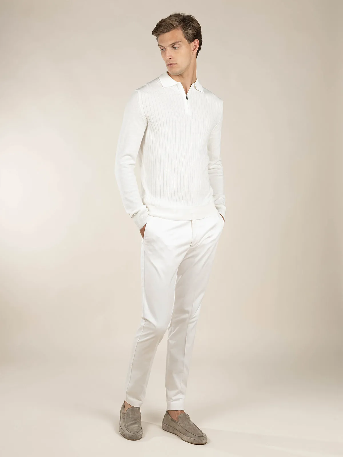 Ribbed Zipper Polo Ivory