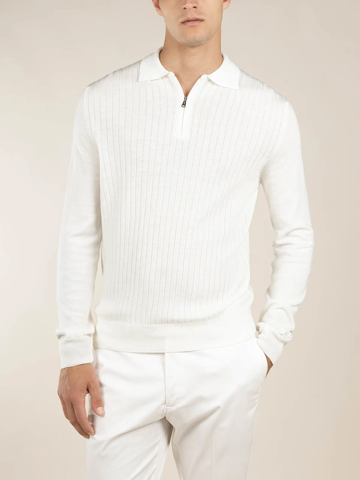 Ribbed Zipper Polo Ivory