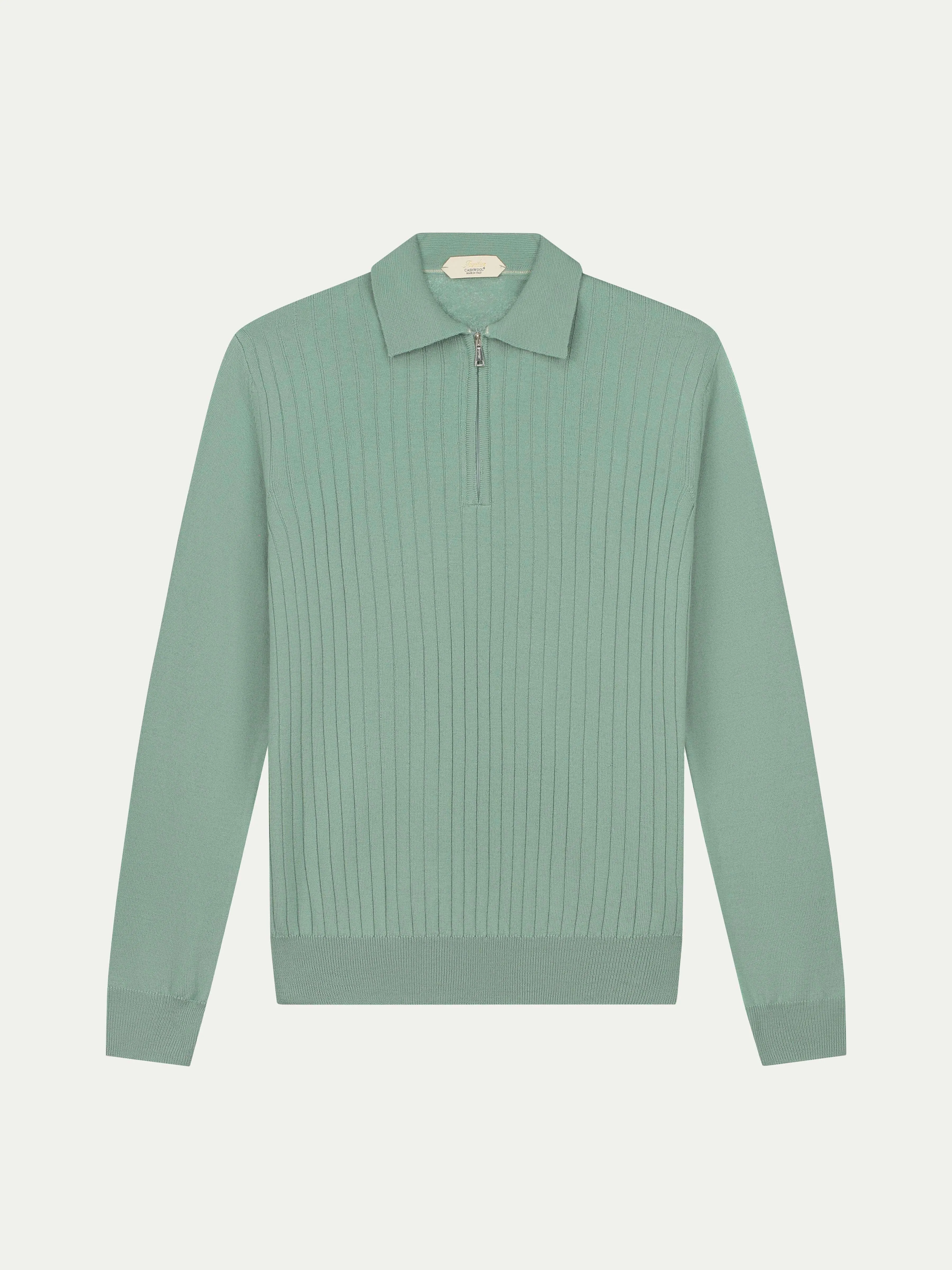 Ribbed Zipper Polo Light Green
