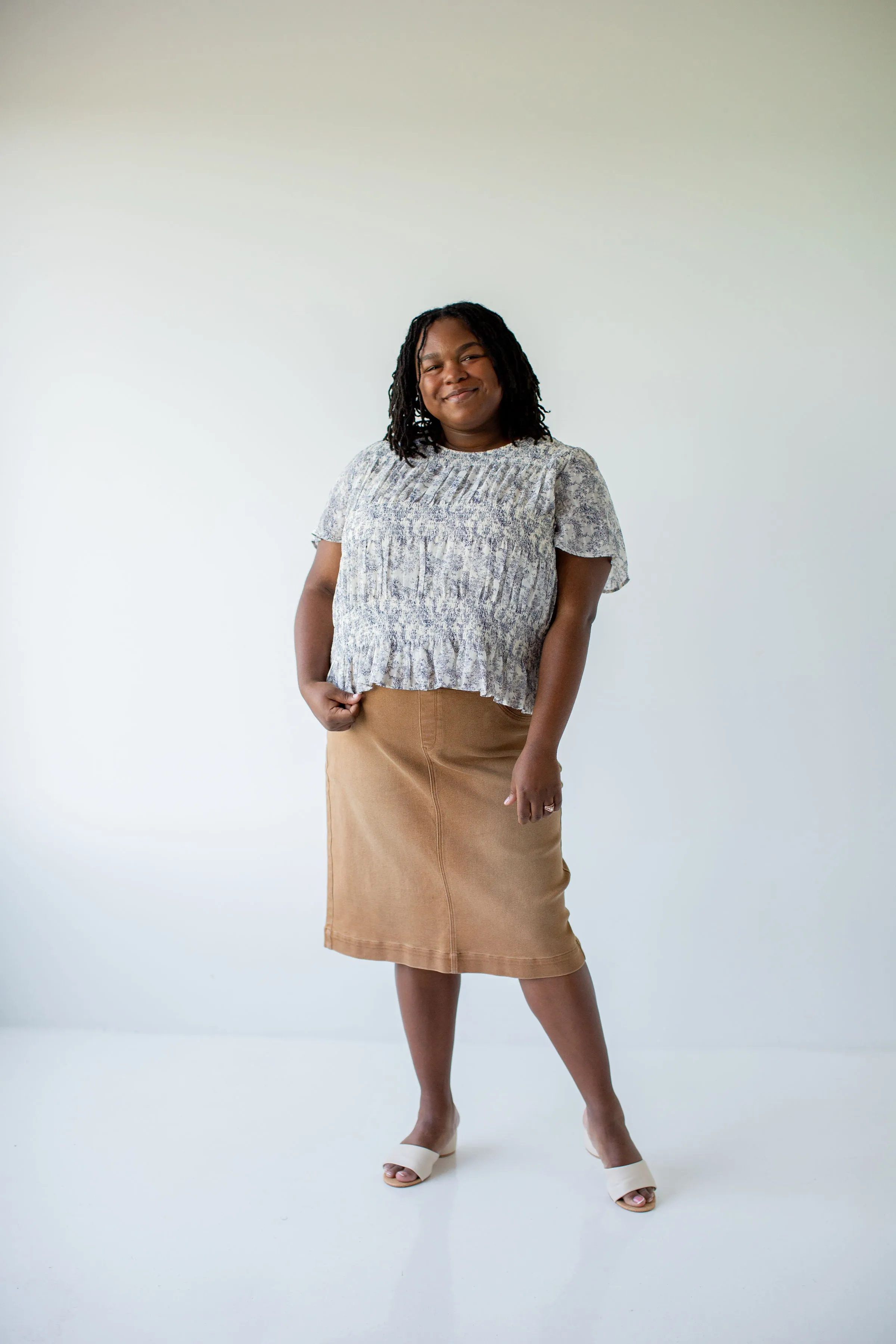 'Sara' Stretch Denim Skirt in Camel