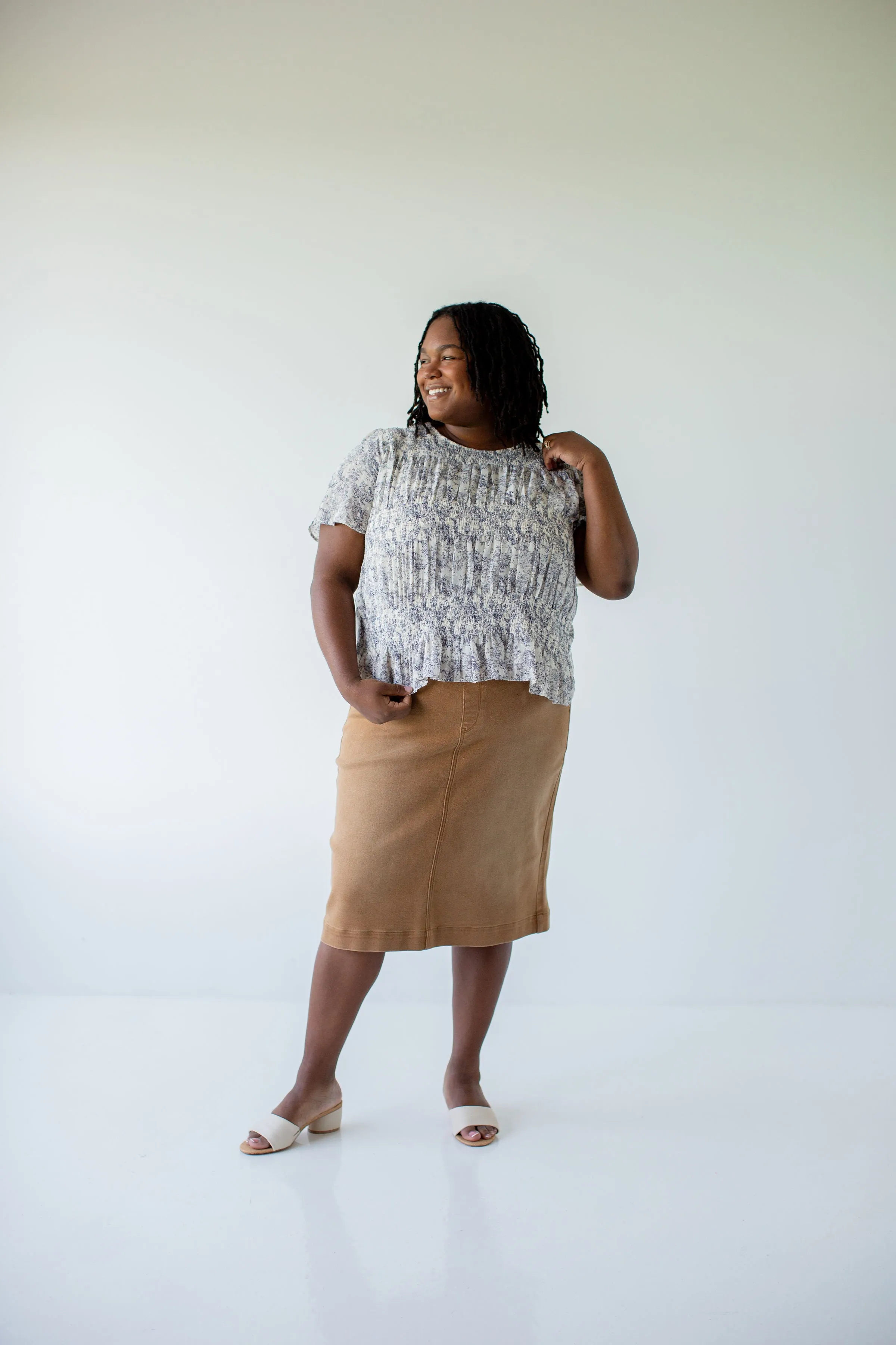 'Sara' Stretch Denim Skirt in Camel