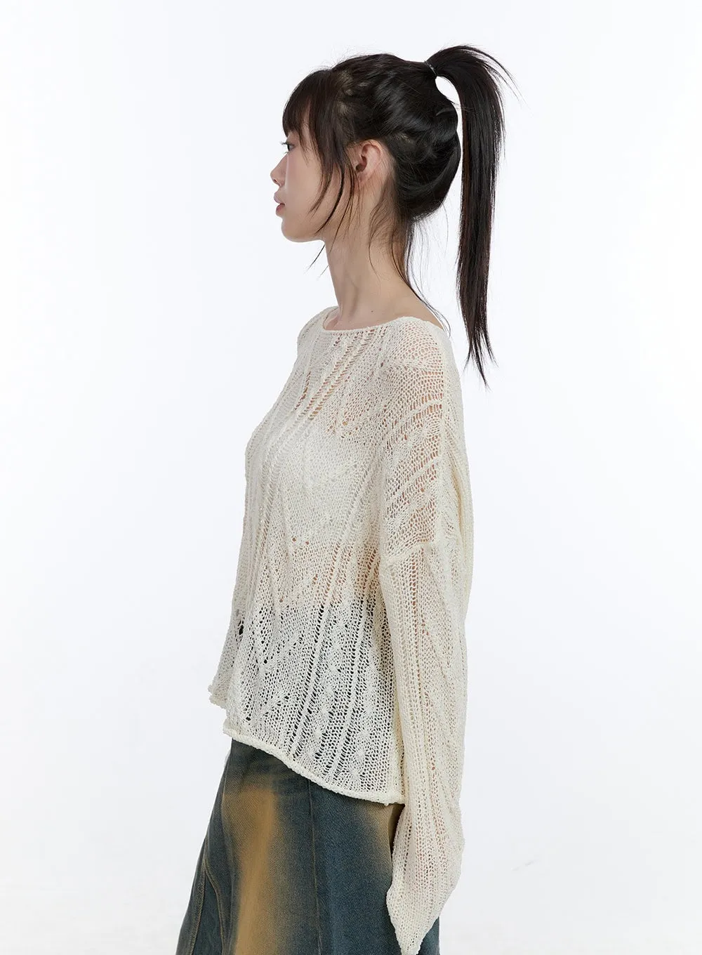 See-Through Knit Boat Neck Sweater CG413
