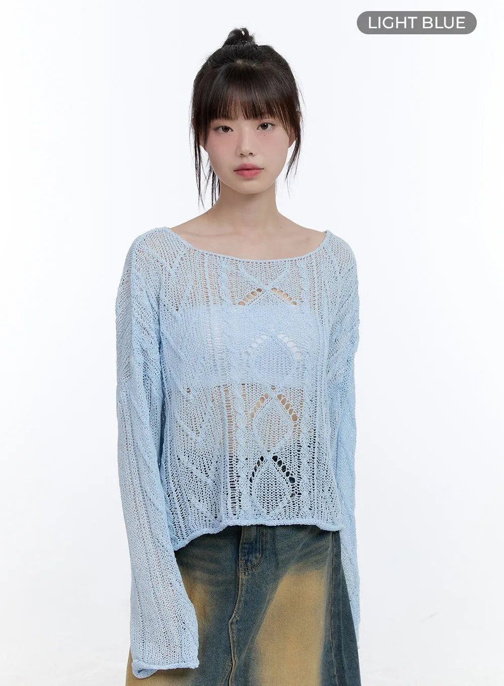 See-Through Knit Boat Neck Sweater CG413