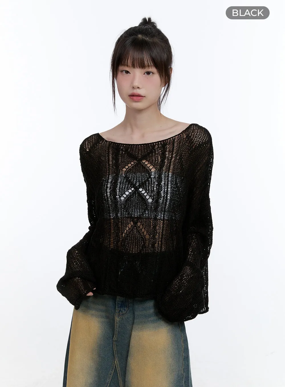 See-Through Knit Boat Neck Sweater CG413