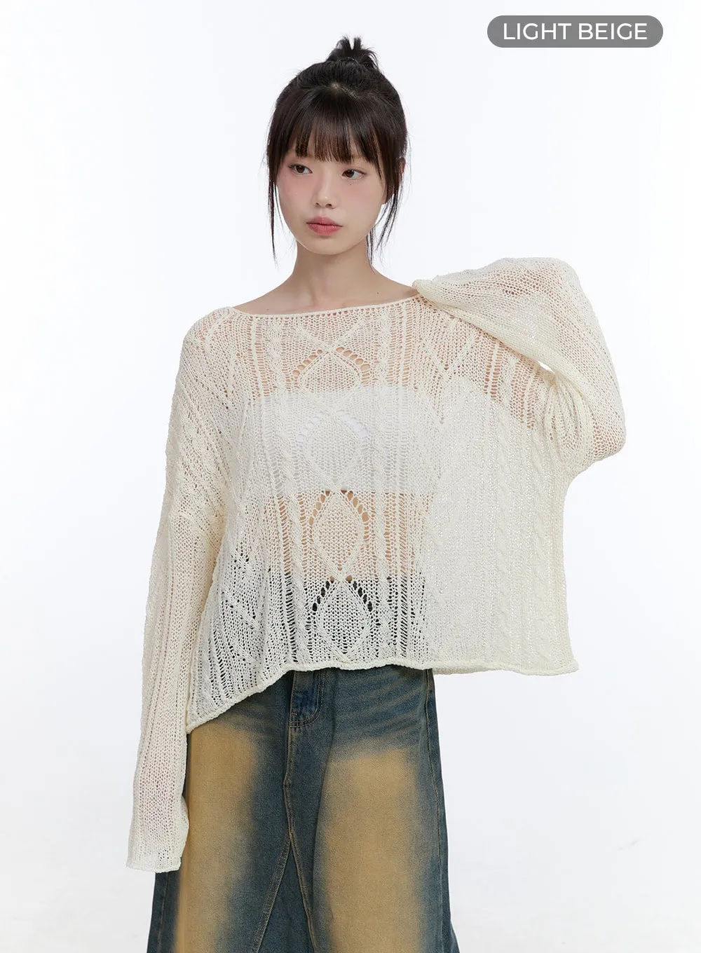 See-Through Knit Boat Neck Sweater CG413