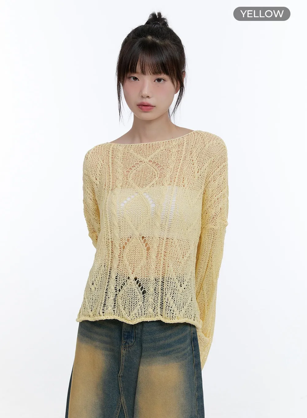 See-Through Knit Boat Neck Sweater CG413