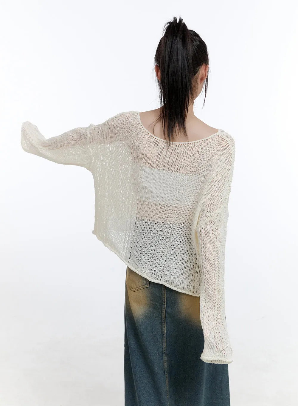 See-Through Knit Boat Neck Sweater CG413