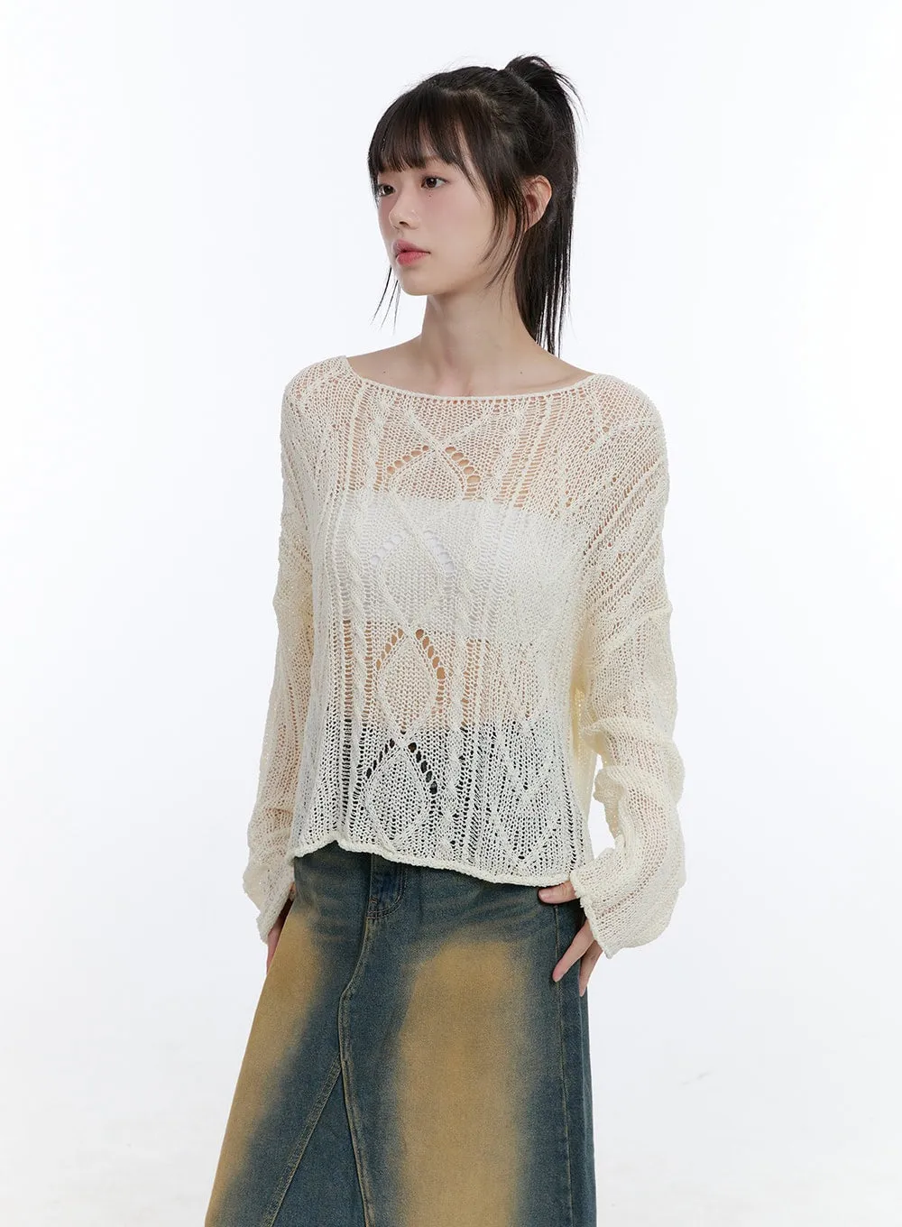 See-Through Knit Boat Neck Sweater CG413