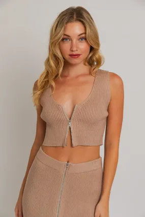 Sip and Savor Zipper Front Sweater Tank Top