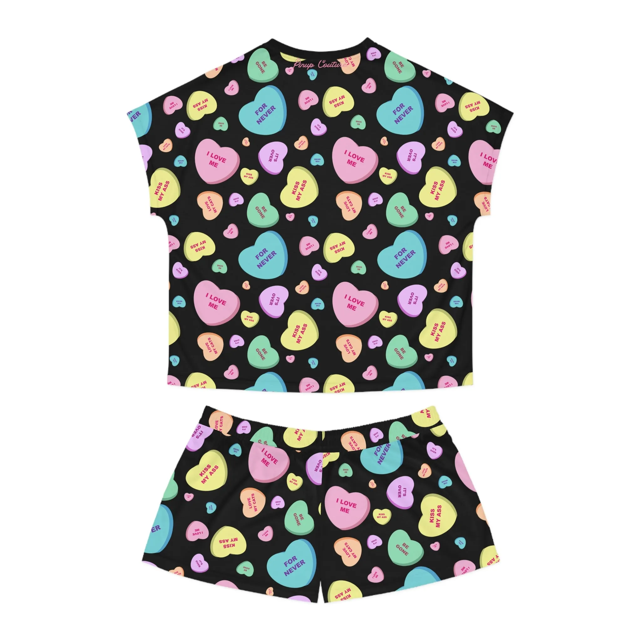 TGIF Sleepover PJs in Black Bitter Candy Hearts Tee & Pajama Shorts-Set | Pinup Couture Relaxed