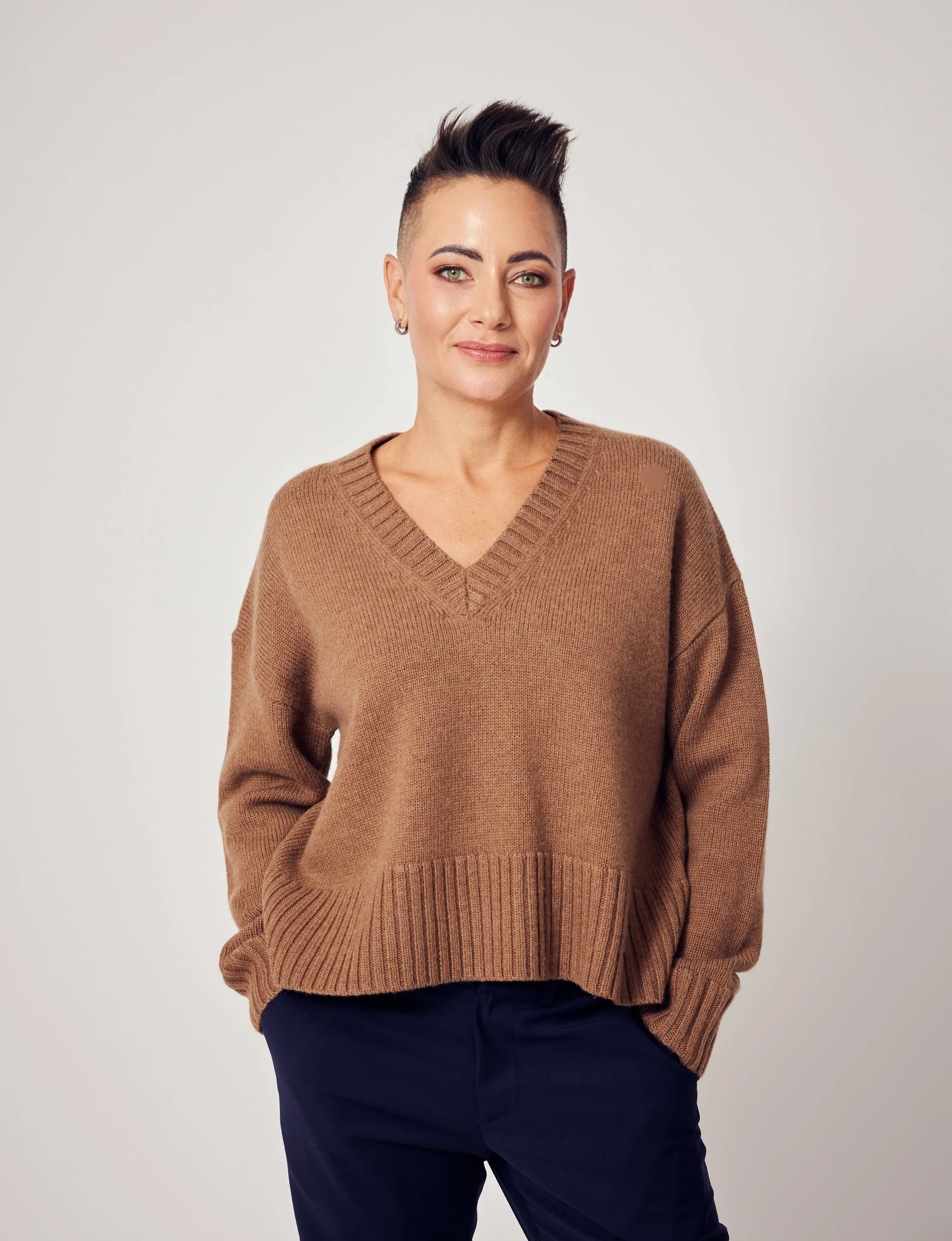 V-Neck Knitted Sweater in Fawn