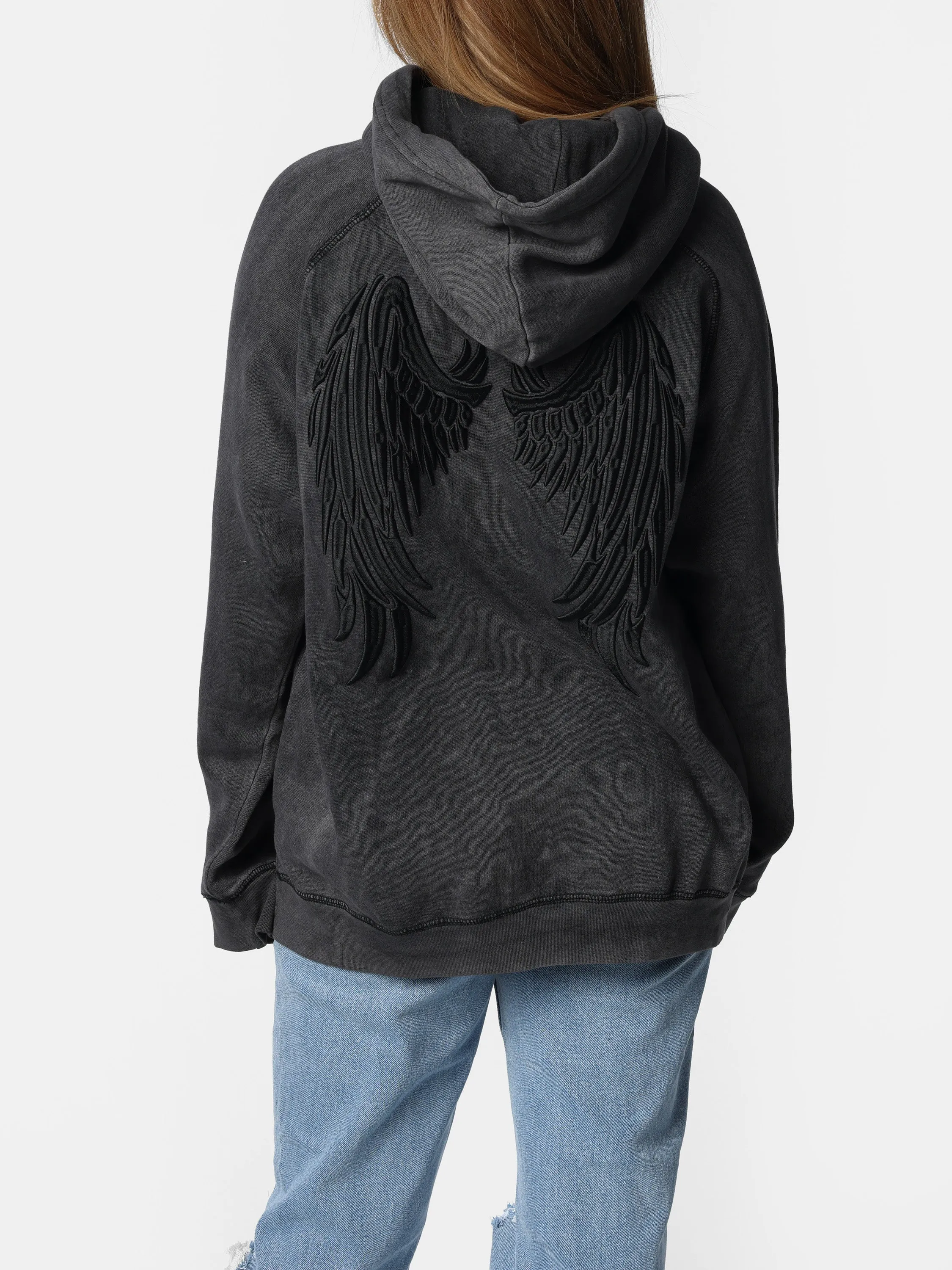 Vintage Black Embroidered Wings Hoodie