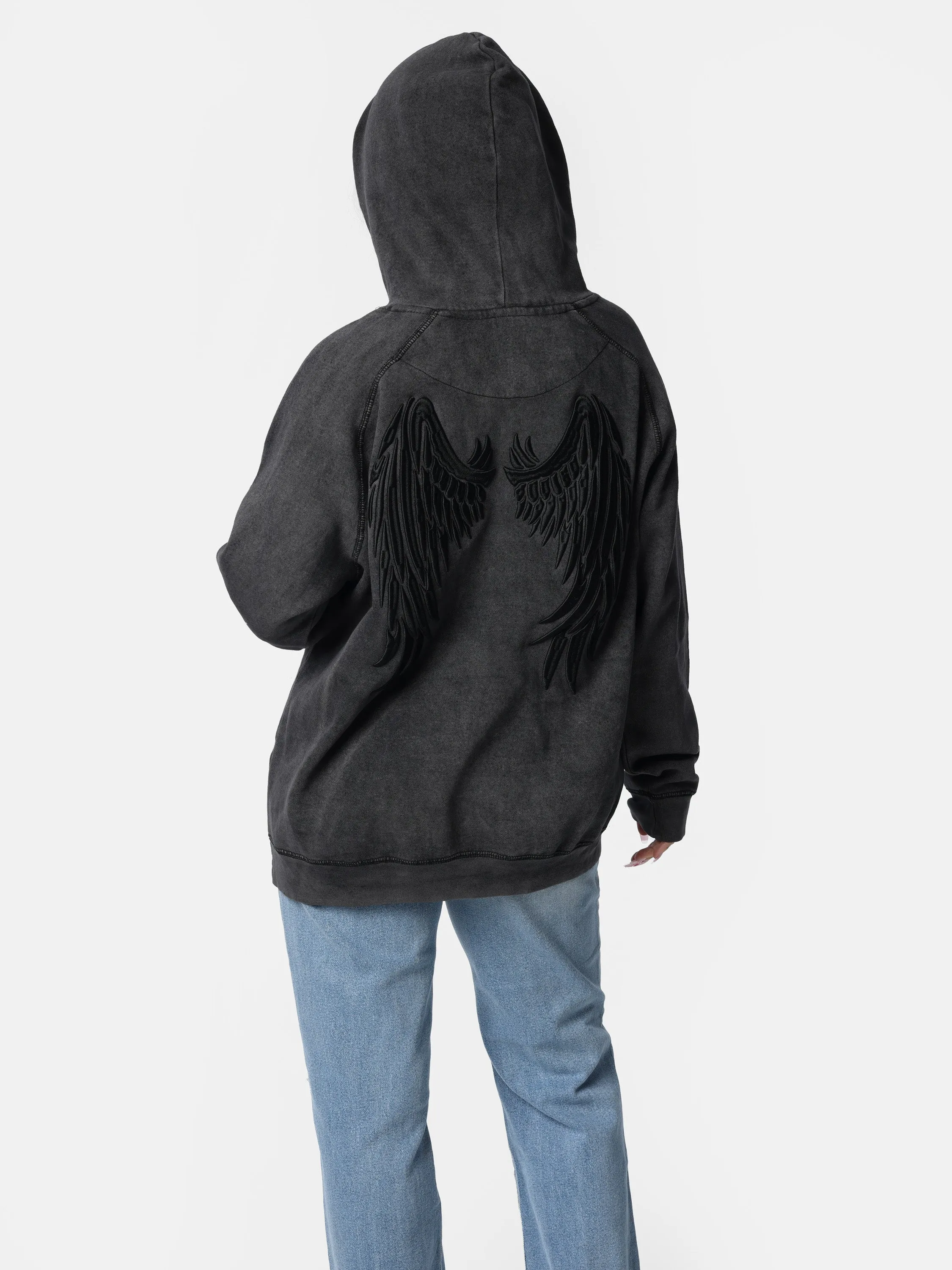 Vintage Black Embroidered Wings Hoodie