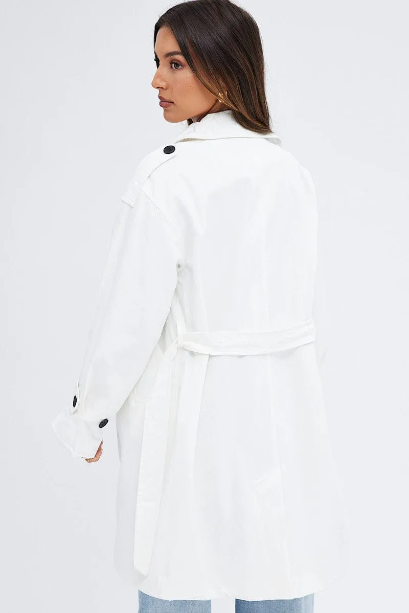 White Longline Trench Coat With Tie