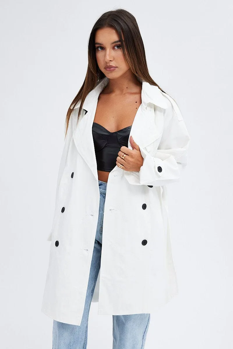 White Longline Trench Coat With Tie