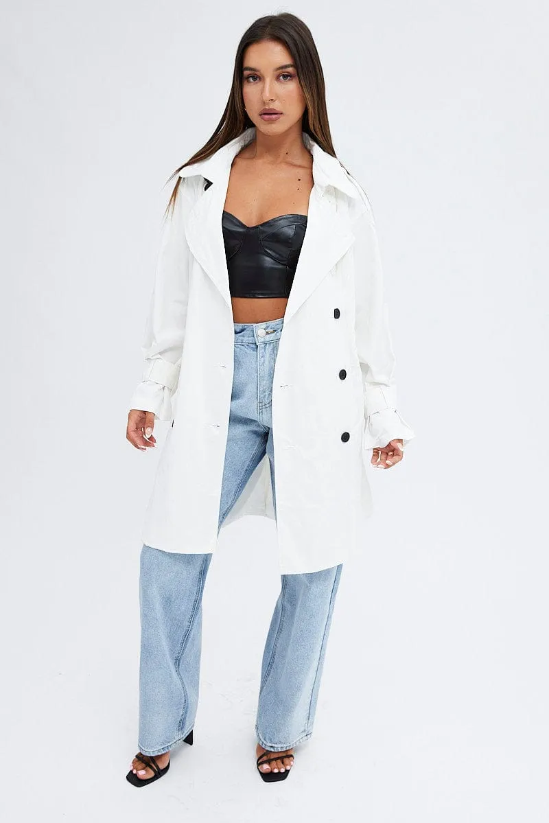 White Longline Trench Coat With Tie
