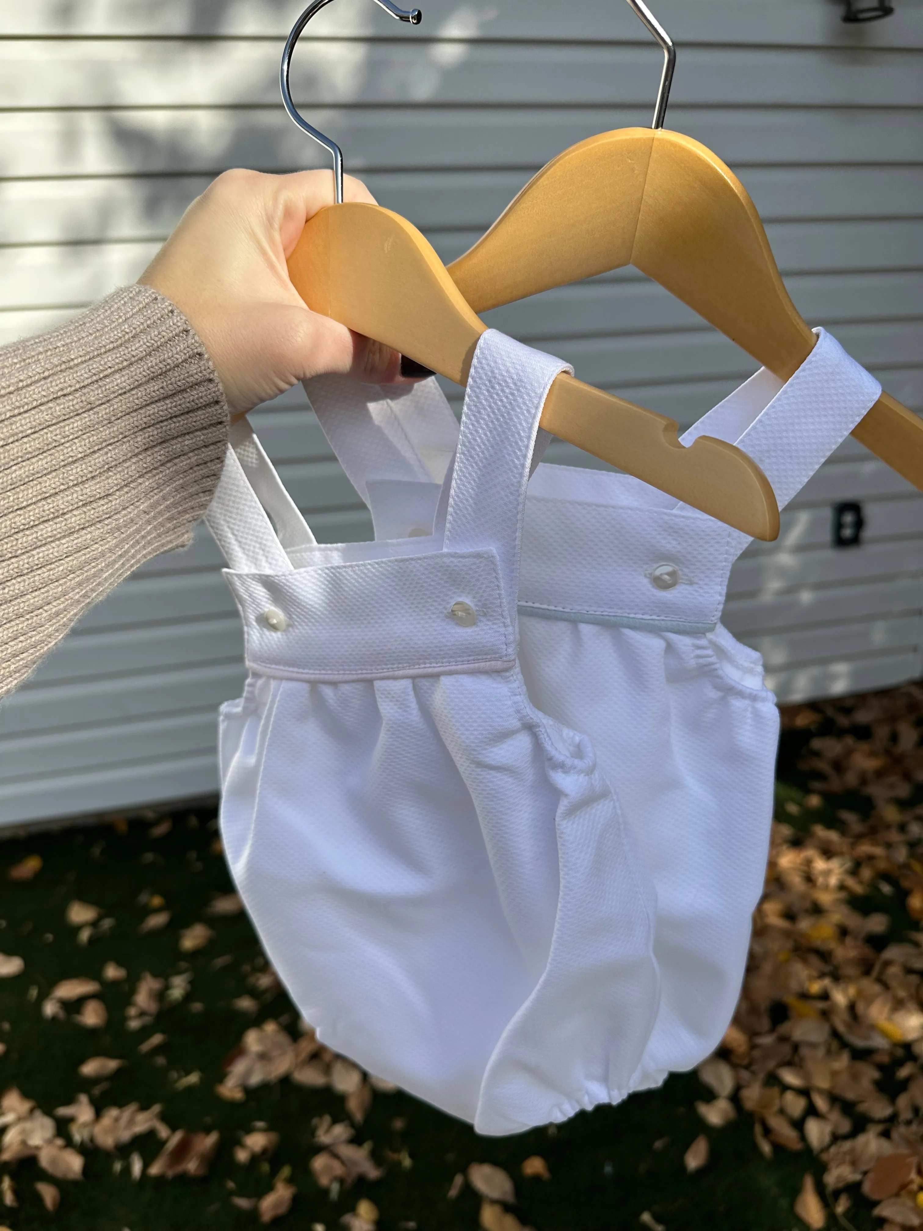 White Piqué Romper with Pink Trim