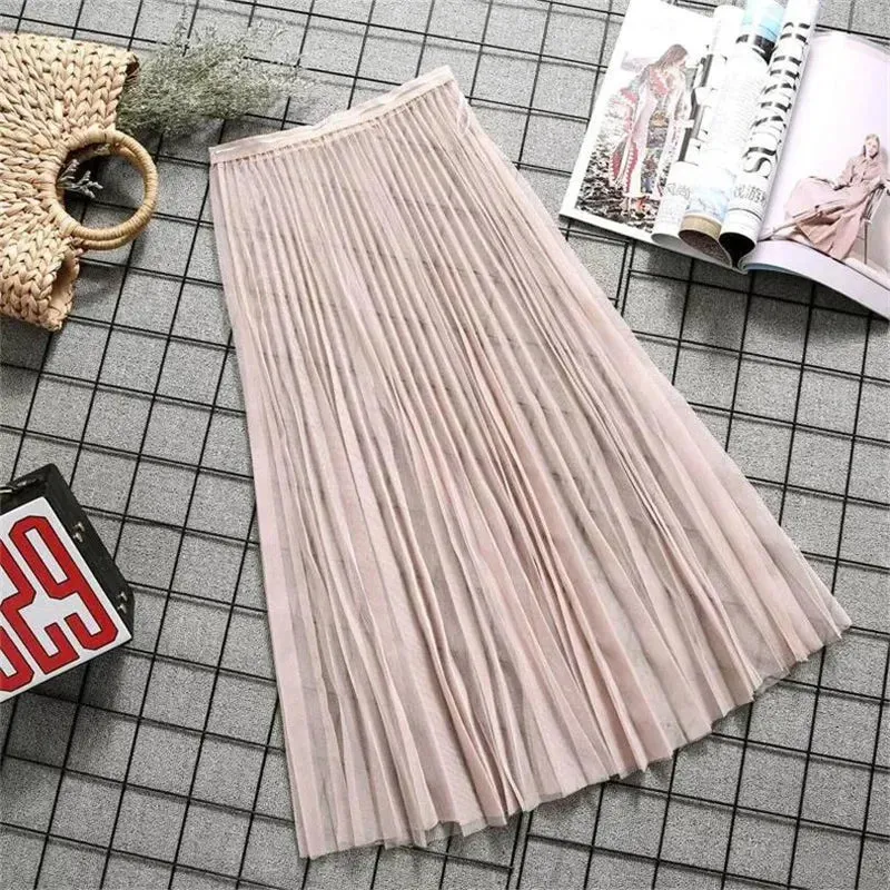 Women Sexy Mesh Lace Transparent Long Tulle Skirt Korean Fashion Summer Ladies Elastic High Waist Black White Beach Midi Skirt