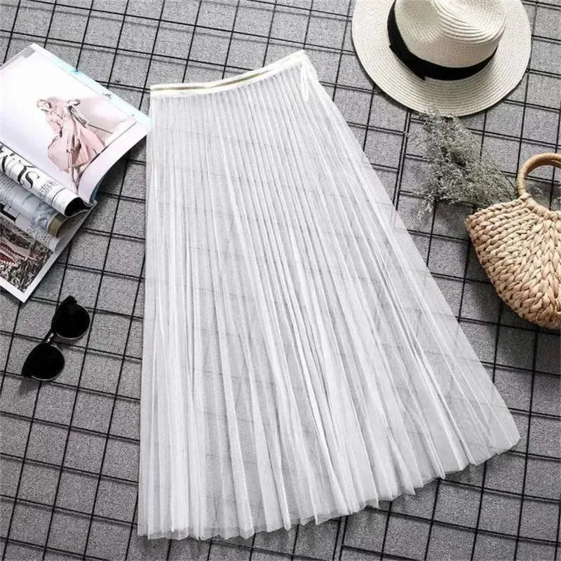 Women Sexy Mesh Lace Transparent Long Tulle Skirt Korean Fashion Summer Ladies Elastic High Waist Black White Beach Midi Skirt