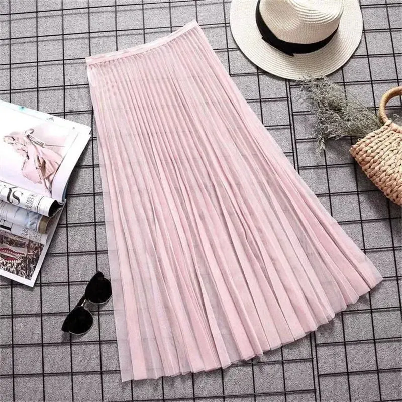 Women Sexy Mesh Lace Transparent Long Tulle Skirt Korean Fashion Summer Ladies Elastic High Waist Black White Beach Midi Skirt