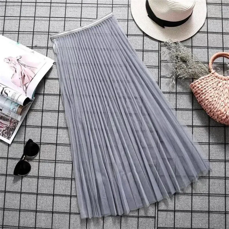 Women Sexy Mesh Lace Transparent Long Tulle Skirt Korean Fashion Summer Ladies Elastic High Waist Black White Beach Midi Skirt