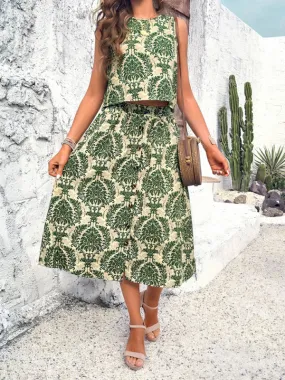 Women's Bohemian Print Sleeveless Top With Matching Midi Skirt